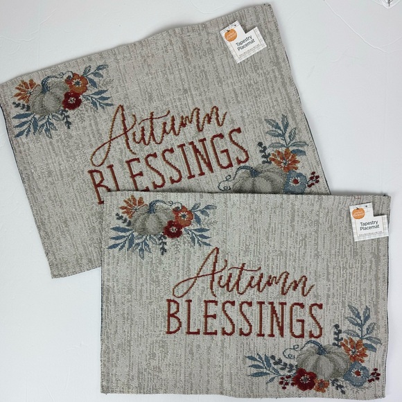 (2) Autumn Blessings Tapestry Placemats NWT pumpkins fall gray orange blue red - Picture 2 of 7